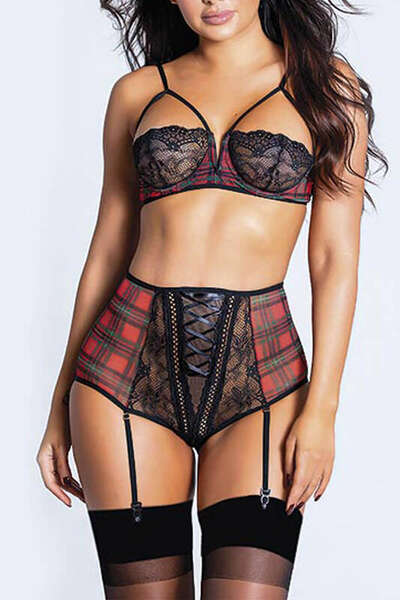Siyah Ekose Desenli Dantelli Fantazi Sütyen Takımı