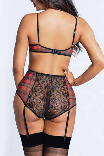 Siyah Ekose Desenli Dantelli Fantazi Sütyen Takımı