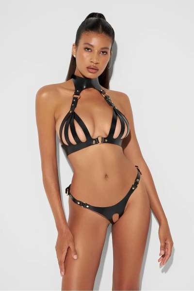 Siyah Fantezi Deri Sütyen Külot Takım