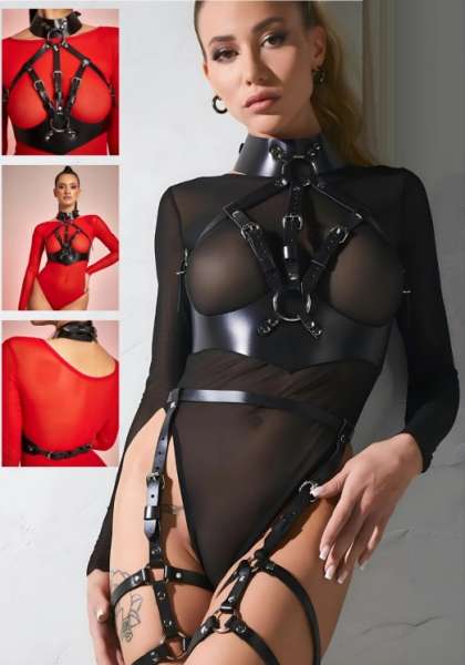 Siyah Fantezi Deri Sütyenli Jartiyer Takım