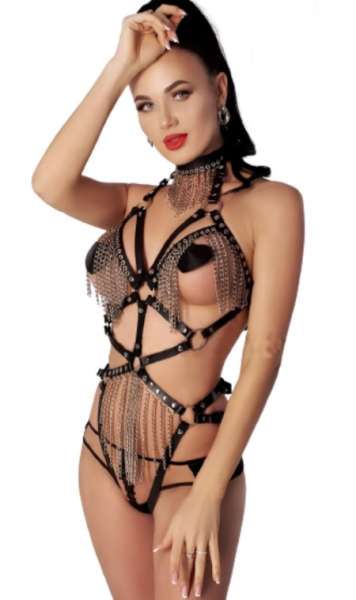 Siyah Fantezi Deri Zincirli Mayokini