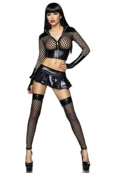 Siyah Fantezi Lateks Deri Büstiyer, Etek ve Çorap Takım