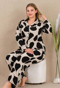 Lady - Siyah Gri Dokuma Kumaş Önden Düğmeli Büyük Beden Pijama Takımı (1)