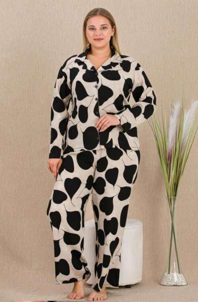 Siyah Gri Dokuma Kumaş Önden Düğmeli Büyük Beden Pijama Takımı