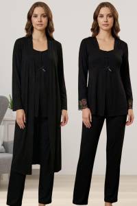 Effortt - Siyah Hamile Lohusa Sabahlıklı Pijama Takımı