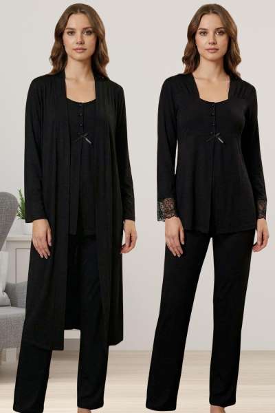Siyah Hamile Lohusa Sabahlıklı Pijama Takımı