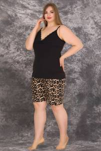 Lady - Siyah İnce Askılı Büyük Beden Leopar Şort Takım (1)