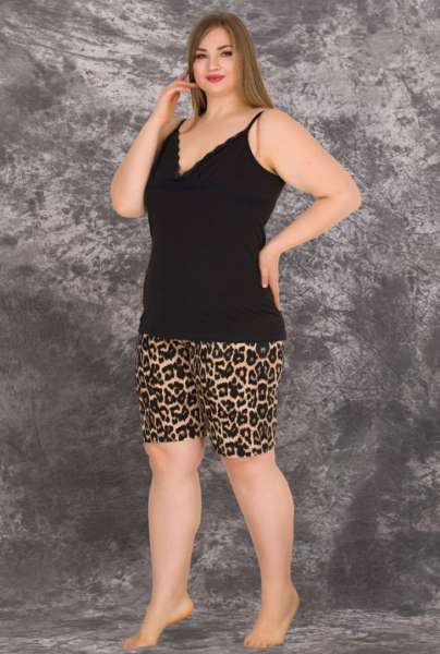 Siyah İnce Askılı Büyük Beden Leopar Şort Takım