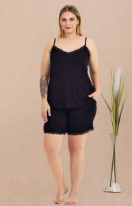 Lady - Siyah İnce Askılı Büyük Beden Şort Takımı