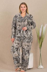 Lady - Siyah Kadın Büyük Beden Düğmeli Pijama Takımı, Belmando Dokuma Viskon Kumaş (1)