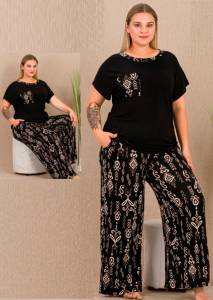 Lady - Siyah Kısa Kollu Büyük Beden Battal Pijama Takımı