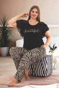 Siyah Kısa Kollu Dantelli Büyük Beden Zebra Pijama Takımı - Thumbnail