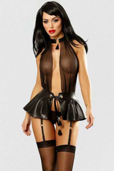 Siyah Lame Deri Görünümlü Tüllü Jartiyer Takımı