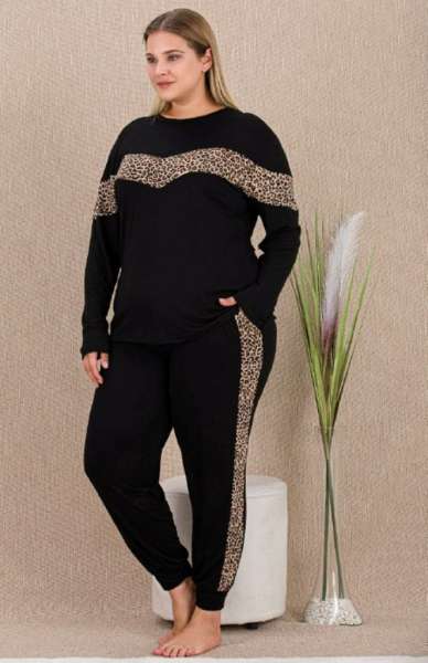 Siyah Leopar Desenli Büyük Beden Uzun Kollu Pijama Takımı