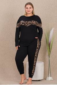 Lady - Siyah Leopar Desenli Kısa Kollu Büyük Beden Battal Pijama Takımı