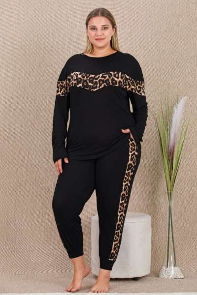 Siyah Leopar Desenli Kısa Kollu Büyük Beden Battal Pijama Takımı