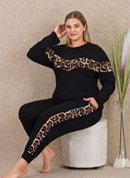 Siyah Leopar Desenli Kısa Kollu Büyük Beden Battal Pijama Takımı