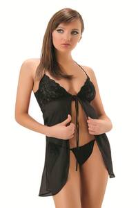 Sistina - Siyah Önden Bağcıklı Tül Gecelik Takım