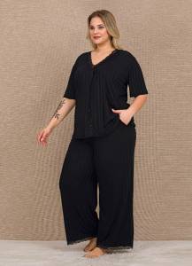 Lady - Siyah Önden Düğmeli Kısa Kollu Bol Paça Büyük Beden Kadın Pijama Takımı (1)