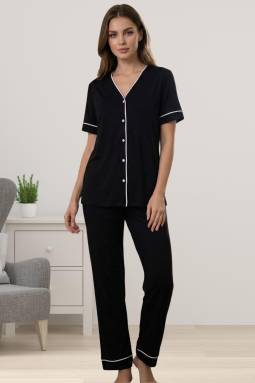 Effortt - Siyah Pamuklu Kumaş Önden Düğmeli Rahat Kesim Hamile Lohusa Pijama Takımı