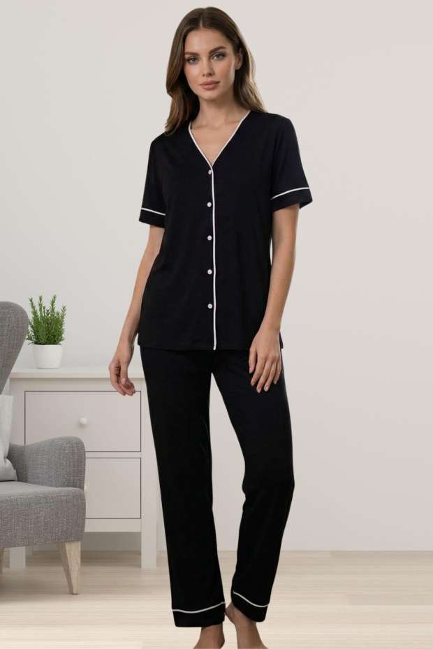 Siyah Pamuklu Kumaş Önden Düğmeli Rahat Kesim Hamile Lohusa Pijama Takımı