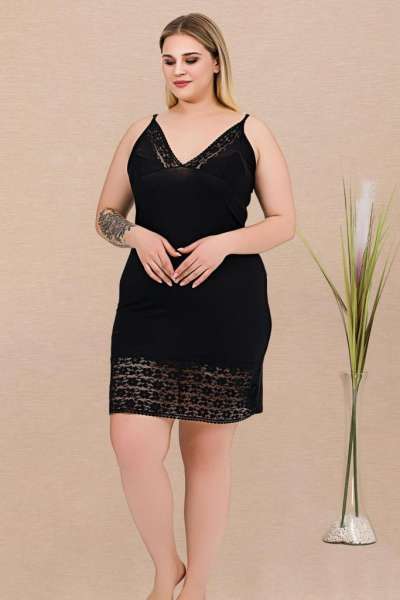 Siyah Pembe Çizgili Sabahlklı Büyük Beden Gecelik Takımı