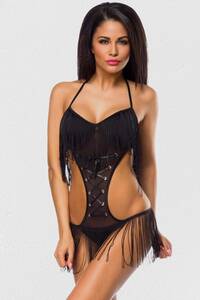 Siyah Püsküllü Seksi Babydoll Gecelik - Thumbnail