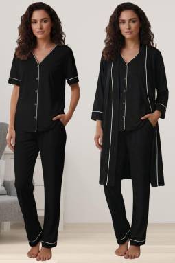 Effortt - Siyah Rahat Kesim Sabahlıklı Hamile Lohusa Pijama Takımı