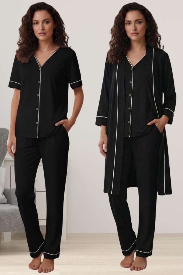 Effortt - Siyah Rahat Kesim Sabahlıklı Hamile Lohusa Pijama Takımı