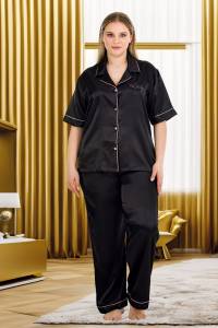 Lady - Siyah Saten Büyük Beden Kısa Kollu Pijama Takımı
