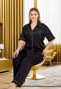 Lady - Siyah Saten Büyük Beden Kısa Kollu Pijama Takımı (1)