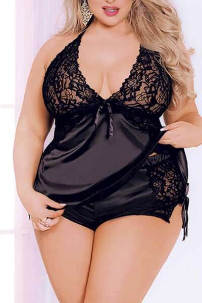 Siyah Saten Dantelli Büyük Beden Kadın Gecelik Şort Takım