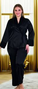 Siyah Saten Kruvaze Büyük Beden Uzun Kollu Pijama Takımı - Thumbnail