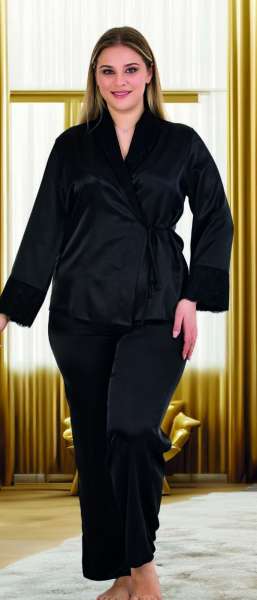 Siyah Saten Kruvaze Büyük Beden Uzun Kollu Pijama Takımı