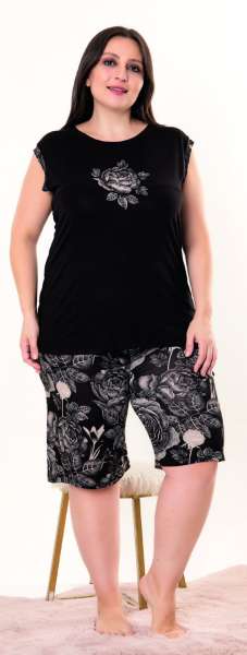 Siyah Sıfır Kol Büyük Beden Desenli Şort Takımı