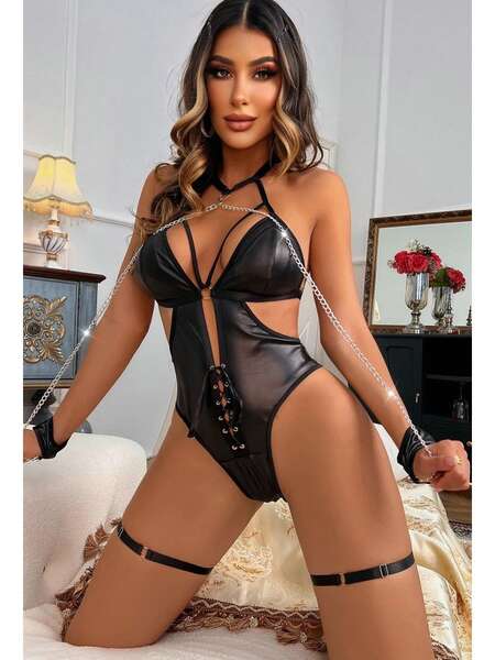 Siyah Vinyl Fantazi Zincir Aksesuarlı Body Suit Mayokini