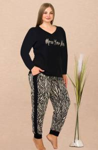 Lady - Siyah Zebra Desen Uzun Kollu Büyük Beden Pijama Takımı (1)