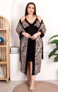 Lady - Siyah Zebra Desenli Büyük Beden Sabahlıklı Gecelik Takımı