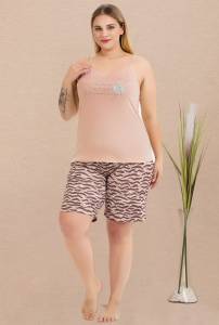 Lady - Somon İnce Askılı Büyük Beden Zebra Desenli Şort Takımı