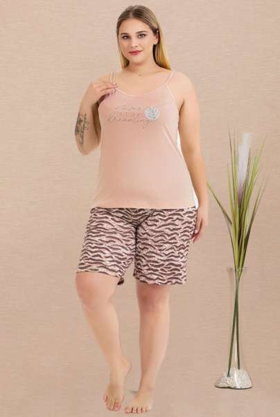 Somon İnce Askılı Büyük Beden Zebra Desenli Şort Takımı