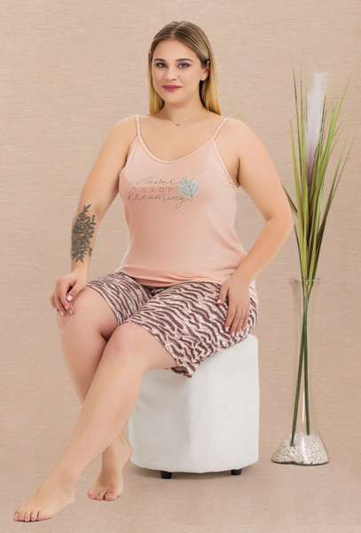 Somon İnce Askılı Büyük Beden Zebra Desenli Şort Takımı