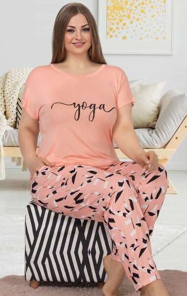 Somon Kısa Kollu Çiçekli Büyük Beden Pijama Takımı