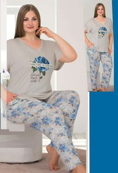 Turkuaz Çiçekli Kısa Kollu Büyük Beden Pijama Takımı