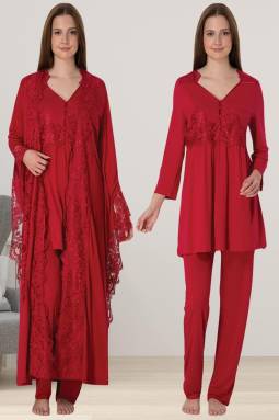 Effortt - Vişne Hamile Lohusa Sabahlıklı Pijama Takımı
