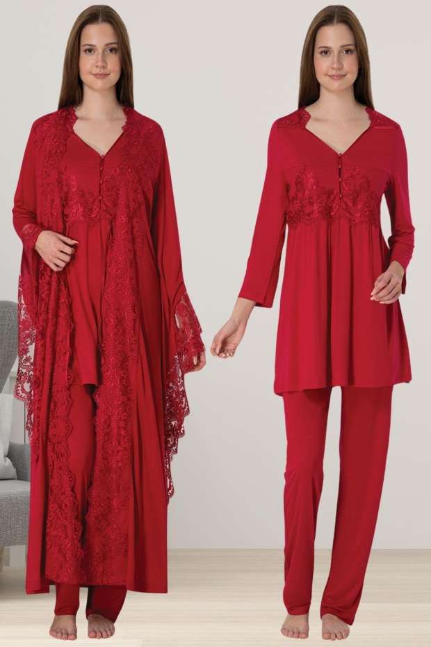 Vişne Hamile Lohusa Sabahlıklı Pijama Takımı