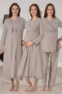 Effortt - Vizon Gizli Emzirme Özellikli Sabahlıklı Gecelik Pijama Takımı 4 Lü Set