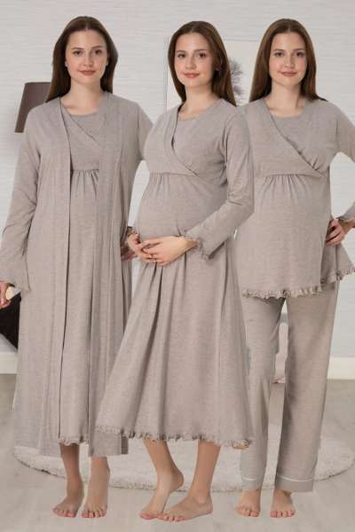 Effortt - Vizon Gizli Emzirme Özellikli Sabahlıklı Gecelik Pijama Takımı 4 Lü Set