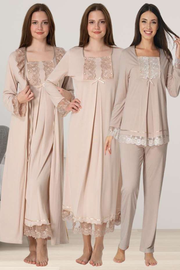 Effortt - Vizon Hamile Lohusa Sabahlıklı Pijama Gecelik Takımı Lohusa Seti