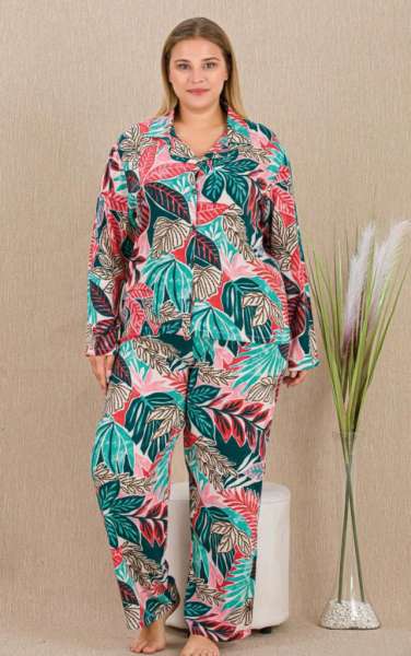 Yaprak Desenli Dokuma Kumaş Önden Düğmeli Büyük Beden Pijama Takımı