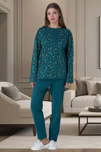 Yeşil %100 Pamuk Büyük Beden Kadın Pijama Takımı